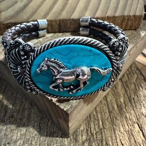 Horse‎ Turquoise Stone Western Leather Open Bangle Bracelet